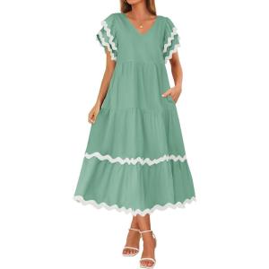 imageZESICA Womens 2025 Summer Casual Midi Dresses V Neck Flutter Short Sleeve Ruffle Tiered A Line Flowy Beach Long DressSage