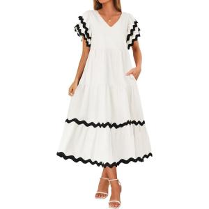 imageZESICA Womens 2025 Summer Casual Midi Dresses V Neck Flutter Short Sleeve Ruffle Tiered A Line Flowy Beach Long DressWhite
