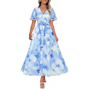 imageZESICA Womens 2025 Summer Floral V Neck Midi Dress Boho Short Sleeve High Waist Flowy Beach Vacation Dresses with BeltLightblue