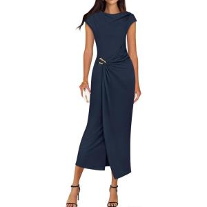 imageZESICA Womens 2025 Summer Mock Neck Casual Bodycon Dress Cap Sleeve Elegant Cocktail Party Long Midi DressesNavy