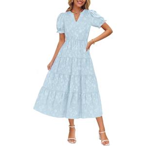 imageZESICA Womens 2025 Summer Puff Short Sleeve Midi Dress Floral V Neck Textured Ruffle Flowy Beach Party DressesSky