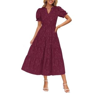 imageZESICA Womens 2025 Summer Puff Short Sleeve Midi Dress Floral V Neck Textured Ruffle Flowy Beach Party DressesWine