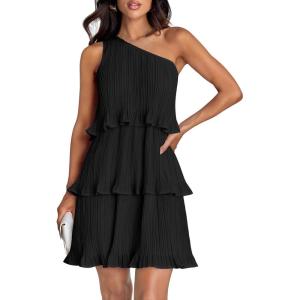 imageZESICA Womens 2025 Summer Sleeveless Mini Dress Boho One Shoulder Ruffle Tiered Layered Flowy A Line DressesDarkblack