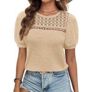imageZESICA Womens 2025 Summer Waffle Knit Hollow Out T Shirts Crewneck Puff Short Sleeve Tops Casual Loose Tunic BlousesApricot