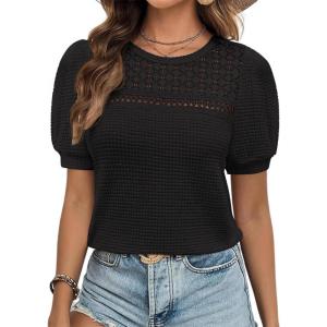 imageZESICA Womens 2025 Summer Waffle Knit Hollow Out T Shirts Crewneck Puff Short Sleeve Tops Casual Loose Tunic BlousesBlack
