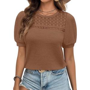 imageZESICA Womens 2025 Summer Waffle Knit Hollow Out T Shirts Crewneck Puff Short Sleeve Tops Casual Loose Tunic BlousesBrown