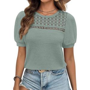 imageZESICA Womens 2025 Summer Waffle Knit Hollow Out T Shirts Crewneck Puff Short Sleeve Tops Casual Loose Tunic BlousesGreen
