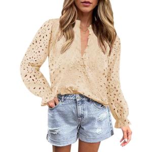 imageZESICA Womens Casual Blouse Tops Puff Long Sleeve Button V Neck Hollow Out Eyelet Lace Embroidered Shirt DressyApricot