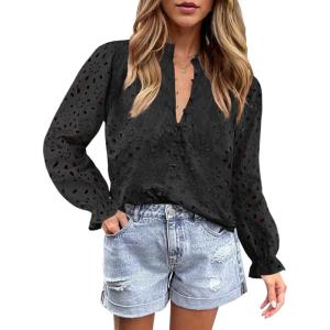 imageZESICA Womens Casual Blouse Tops Puff Long Sleeve Button V Neck Hollow Out Eyelet Lace Embroidered Shirt DressyBlack