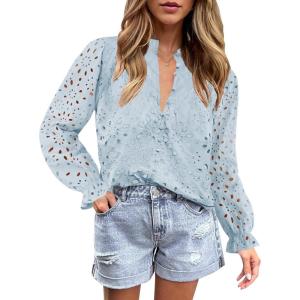 imageZESICA Womens Casual Blouse Tops Puff Long Sleeve Button V Neck Hollow Out Eyelet Lace Embroidered Shirt DressyBlue