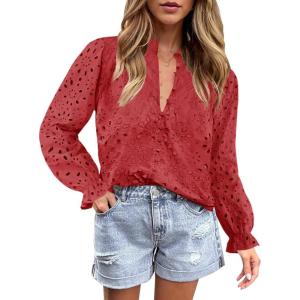 imageZESICA Womens Casual Blouse Tops Puff Long Sleeve Button V Neck Hollow Out Eyelet Lace Embroidered Shirt DressyCoral