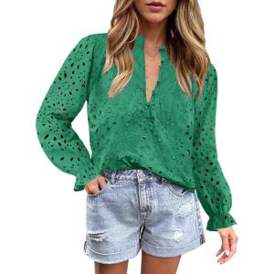 imageZESICA Womens Casual Blouse Tops Puff Long Sleeve Button V Neck Hollow Out Eyelet Lace Embroidered Shirt DressyGreen