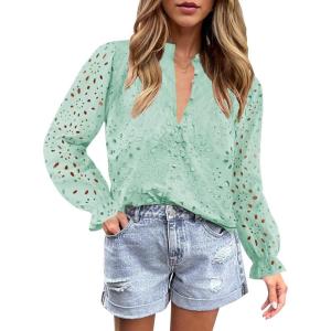imageZESICA Womens Casual Blouse Tops Puff Long Sleeve Button V Neck Hollow Out Eyelet Lace Embroidered Shirt DressyMint