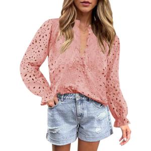 imageZESICA Womens Casual Blouse Tops Puff Long Sleeve Button V Neck Hollow Out Eyelet Lace Embroidered Shirt DressyPink