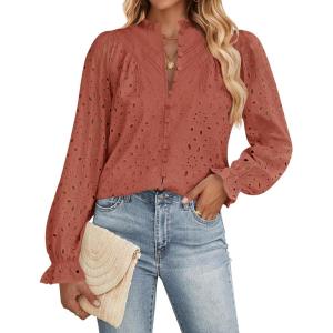 imageZESICA Womens Casual Blouse Tops Puff Long Sleeve Button V Neck Hollow Out Eyelet Lace Embroidered Shirt DressyRed Brown