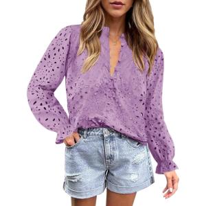 imageZESICA Womens Casual Blouse Tops Puff Long Sleeve Button V Neck Hollow Out Eyelet Lace Embroidered Shirt DressyTaro