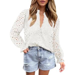imageZESICA Womens Casual Blouse Tops Puff Long Sleeve Button V Neck Hollow Out Eyelet Lace Embroidered Shirt DressyWhite