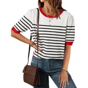 imageZESICA Womens Casual Striped Tops Short Sleeve Crew Neck Ribbed Knit T Shirts Comfy Loose Basic Pullover SweaterCream