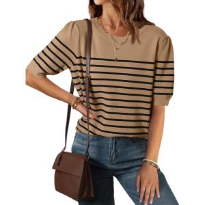 imageZESICA Womens Casual Striped Tops Short Sleeve Crew Neck Ribbed Knit T Shirts Comfy Loose Basic Pullover SweaterKhaki