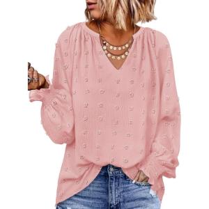 imageZESICA Womens Fall Fashion Blouses Loose Long Sleeve Business Casual Shirts V Neck Trendy TopsPink
