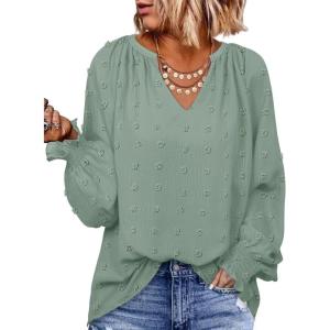 imageZESICA Womens Fall Fashion Blouses Loose Long Sleeve Business Casual Shirts V Neck Trendy TopsSage