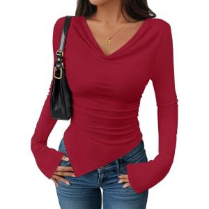 imageZESICA Womens Long Sleeve Cowl Neck Shirts Slim Fit Going Out Y2k Tops Blouses 2025 Fall Outfits Fashion ClothesRed