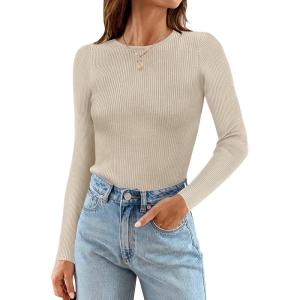 imageZESICA Womens Long Sleeve Crewneck Shirts Fall Ribbed Knit Sweater Slim Fitted Casual Basic Tee TopsAlmond