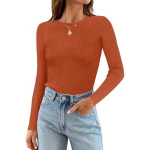 imageZESICA Womens Long Sleeve Crewneck Shirts Fall Ribbed Knit Sweater Slim Fitted Casual Basic Tee TopsCaramel