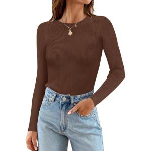 imageZESICA Womens Long Sleeve Crewneck Shirts Fall Ribbed Knit Sweater Slim Fitted Casual Basic Tee TopsCoffee