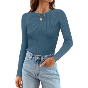 imageZESICA Womens Long Sleeve Crewneck Shirts Fall Ribbed Knit Sweater Slim Fitted Casual Basic Tee TopsDarkblue