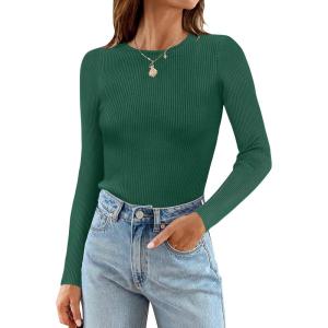 imageZESICA Womens Long Sleeve Crewneck Shirts Fall Ribbed Knit Sweater Slim Fitted Casual Basic Tee TopsDarkgreen