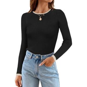 imageZESICA Womens Long Sleeve Crewneck Shirts Fall Ribbed Knit Sweater Slim Fitted Casual Basic Tee TopsDim