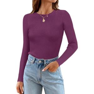imageZESICA Womens Long Sleeve Crewneck Shirts Fall Ribbed Knit Sweater Slim Fitted Casual Basic Tee TopsFuchsia