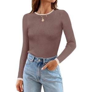 imageZESICA Womens Long Sleeve Crewneck Shirts Fall Ribbed Knit Sweater Slim Fitted Casual Basic Tee TopsMocha