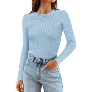 imageZESICA Womens Long Sleeve Crewneck Shirts Fall Ribbed Knit Sweater Slim Fitted Casual Basic Tee TopsSky
