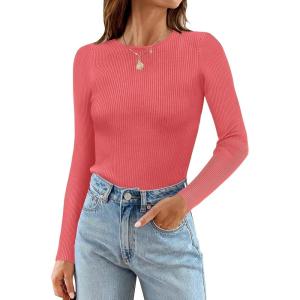 imageZESICA Womens Long Sleeve Crewneck Shirts Fall Ribbed Knit Sweater Slim Fitted Casual Basic Tee TopsWatermelon