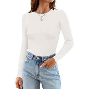 imageZESICA Womens Long Sleeve Crewneck Shirts Fall Ribbed Knit Sweater Slim Fitted Casual Basic Tee TopsWhite