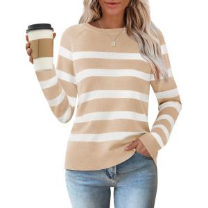 imageZESICA Womens Long Sleeve Lightweight Striped Tops Fall Crewneck Ribbed Knit Loose Shirts 2025 Trendy ClothesApricot