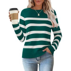 imageZESICA Womens Long Sleeve Lightweight Striped Tops Fall Crewneck Ribbed Knit Loose Shirts 2025 Trendy ClothesGreen