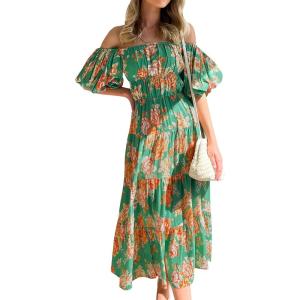 imageZESICA Womens Sexy Boho Off Shoulder Puff Short Sleeve High Waist Ruffled Flowy A Line Beach Party Midi DressVintage