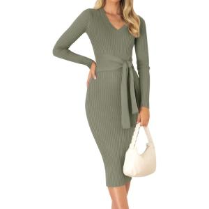 imageZESICA Womens Spring Sweater Dress V Neck Long Sleeve Ribbed Knit Tie Waist Slim Fit Bodycon Midi DressesArmygreen