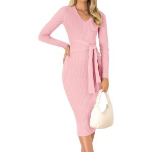 imageZESICA Womens Spring Sweater Dress V Neck Long Sleeve Ribbed Knit Tie Waist Slim Fit Bodycon Midi DressesPink