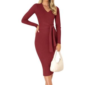 imageZESICA Womens Spring Sweater Dress V Neck Long Sleeve Ribbed Knit Tie Waist Slim Fit Bodycon Midi DressesRed