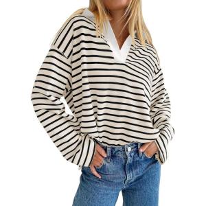 imageZESICA Womens Striped Long Sleeve Tops Oversized Sweatshirt V Neck Loose Fit Tunic Tops Spring Casual BlousesApricot