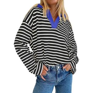 imageZESICA Womens Striped Long Sleeve Tops Oversized Sweatshirt V Neck Loose Fit Tunic Tops Spring Casual BlousesBlack