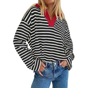 imageZESICA Womens Striped Long Sleeve Tops Oversized Sweatshirt V Neck Loose Fit Tunic Tops Spring Casual BlousesBlack Red