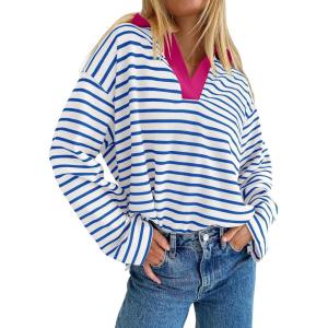 imageZESICA Womens Striped Long Sleeve Tops Oversized Sweatshirt V Neck Loose Fit Tunic Tops Spring Casual BlousesBlue