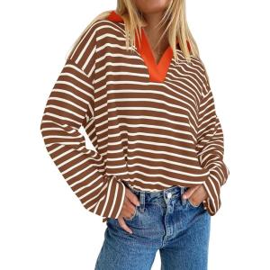 imageZESICA Womens Striped Long Sleeve Tops Oversized Sweatshirt V Neck Loose Fit Tunic Tops Spring Casual BlousesBrown
