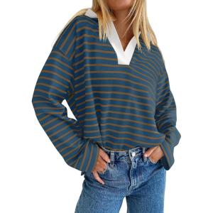 imageZESICA Womens Striped Long Sleeve Tops Oversized Sweatshirt V Neck Loose Fit Tunic Tops Spring Casual BlousesDarkblue