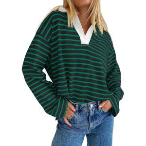 imageZESICA Womens Striped Long Sleeve Tops Oversized Sweatshirt V Neck Loose Fit Tunic Tops Spring Casual BlousesDarkgreen